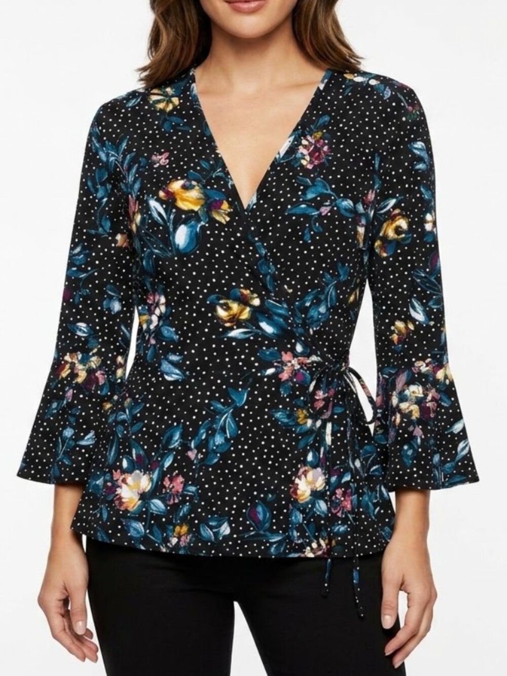 BCX Whimsigoth Floral Polka Dot Wrap Top Bell Sleeve Size Large